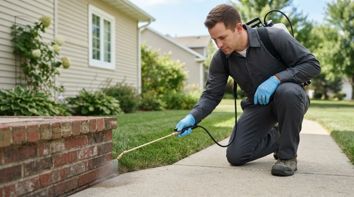 Pest control technician treating a home near Renault, IL