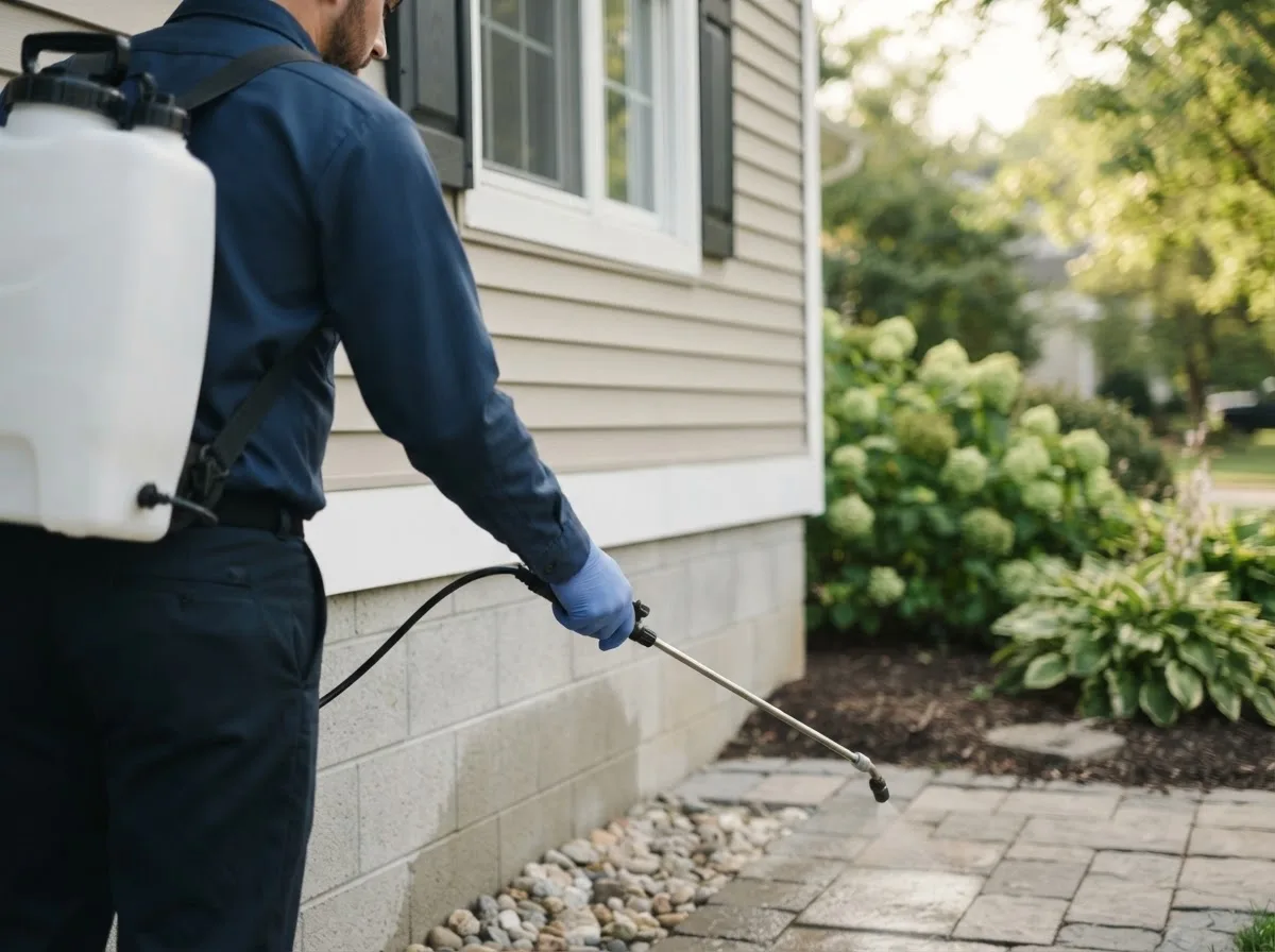 Pest control technician inspecting a home in Renault, IL